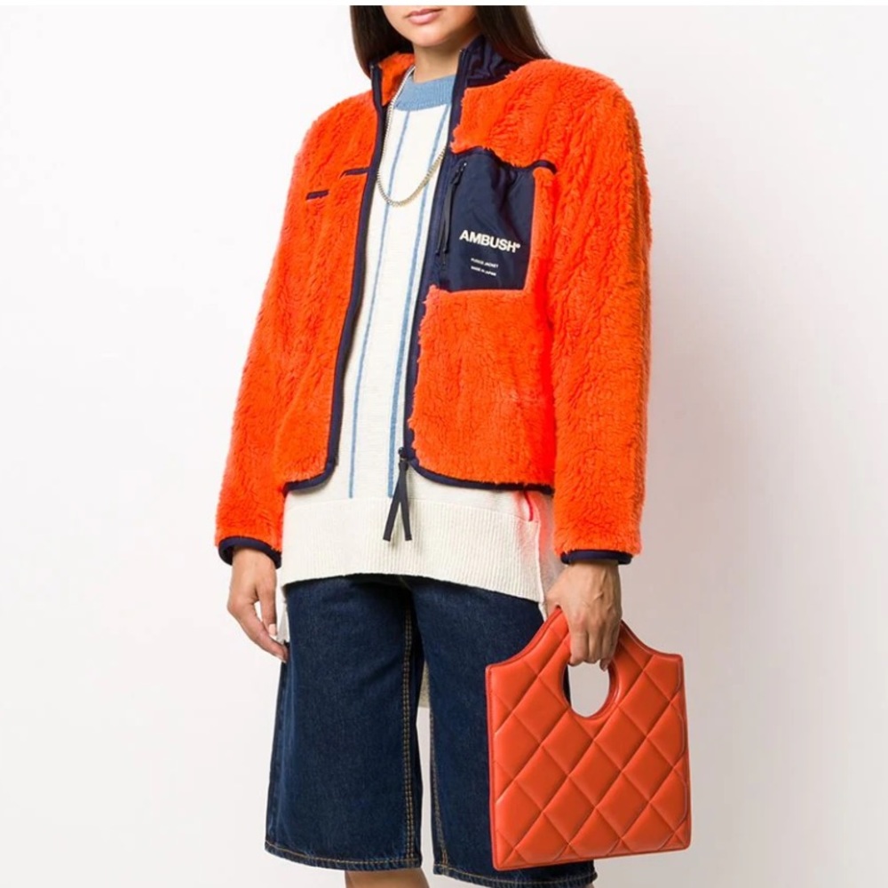 NWT AMBUSH logo-print fleece Sherpa jacket in Orange & Navy Size S